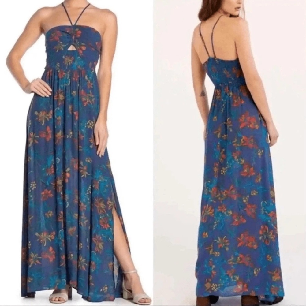 Free People Womens Medium One Step Ahead Maxi Dress in Blue Floral Halter - Picture 7 of 10